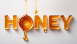 Firefly dense honey dropping down white background AI